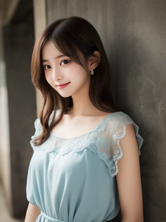 リアルな写真image quality、8kimage quality、Arafe woman in a blue dress leaning against a wall, romantic dress, Cute and elegant pose, In a dress, Cute Dresses, adorable and cute, Feminine girly dress, Sky blue dress, Cute and adorable, pale, Japanese female fashion model, Sheer light green lace mini dress、Cute Smile、Beautiful Eyeedium long brunette hair、Professional Lighting、Detailed and gentle realistic facial expression、22-year-old fashion model、Idol