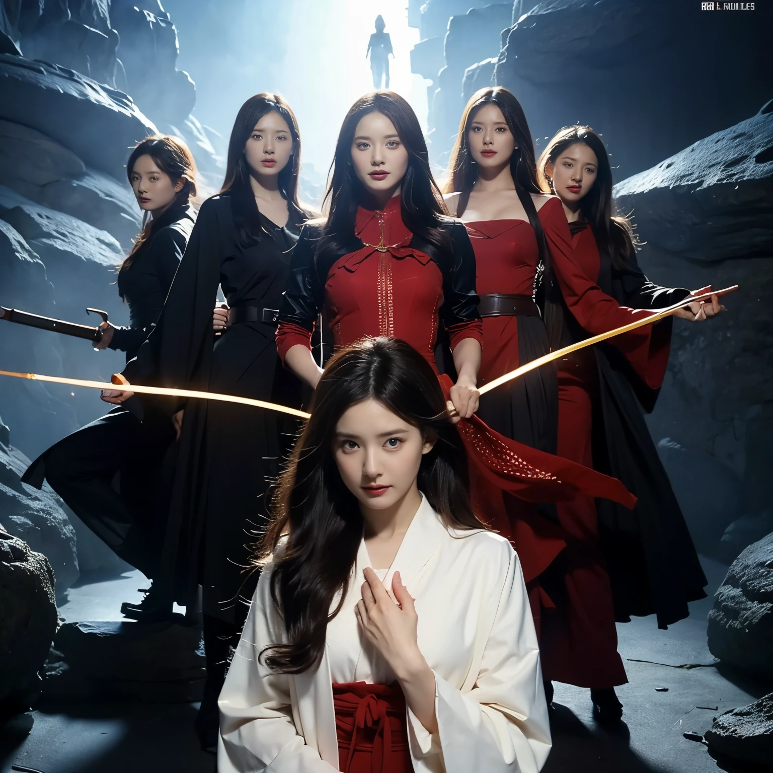 ５A group of magical girls、Beautiful young women、Each has a different powerful aura、Flowing Wizard Robes、Wizard&#39;s wand、Fierce battle with the Ogre、Fantasy、Revealing clothing、fierce fighting、Aura radiating from the whole body。 (highest quality、High resolution)、Magical Landscapes、Bright colors、Dramatic lighting、Movie Posters