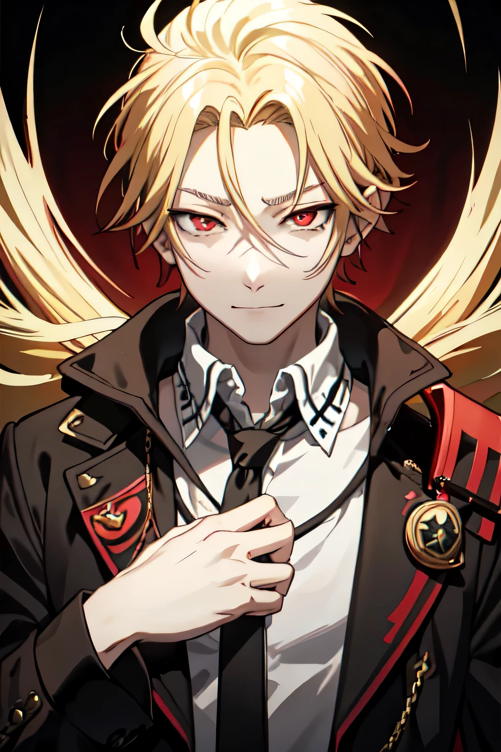 masterpiece, best quality, high quality, 1boy, solo, male focus, looking at viewer, upper body, king_of_despair, red eyes, blonde hair, hair between eyes, evil smirk