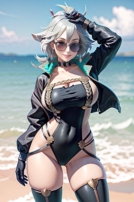 anime girl risque outfit yet cover skin, posing for photoshoot, masterpiece, best quality, high quality, wearing sunglasses near nose, one eye open, smiling
