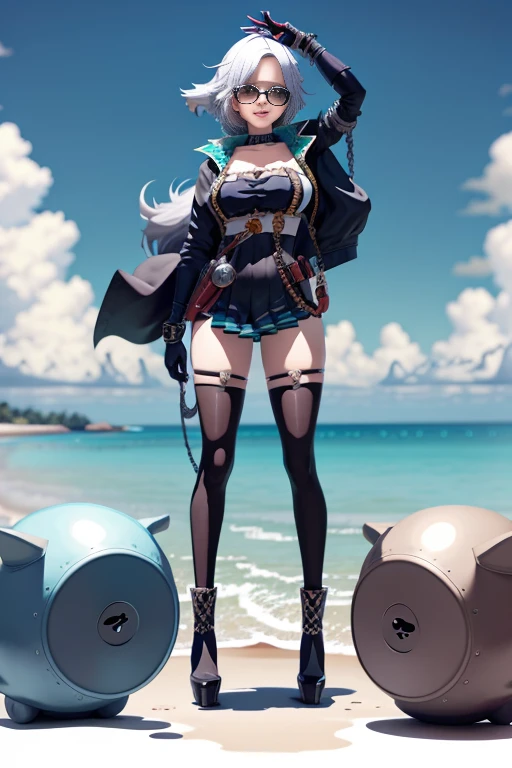 anime girl risque outfit yet cover skin, posing for photoshoot, masterpiece, best quality, high quality, wearing sunglasses near nose, one eye open, smiling
