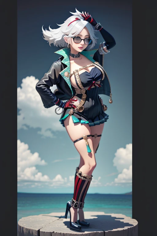 anime girl risque outfit yet cover skin, posing for photoshoot, masterpiece, best quality, high quality, wearing sunglasses near nose, one eye open, smiling
