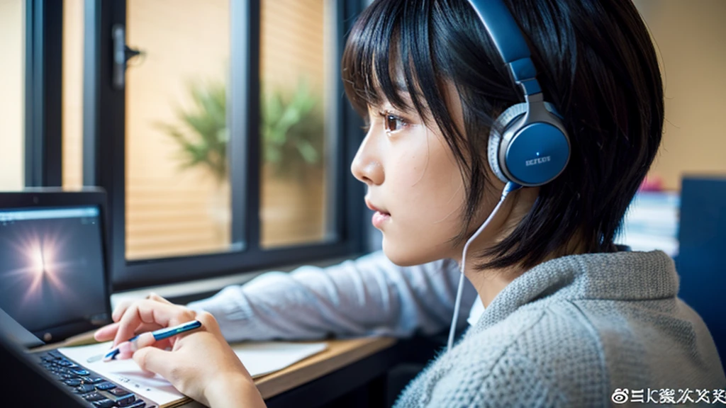 A cute Japanese girl studying or working at her desk、night、Real、focusing、Gentle feeling、wearing headphones、Side view、Have a kitten、I'm studying hard、窓の外にnightの街、 (8k, Photorealistic, Raw photo, Best image quality: 1.4), (Black-haired, short hair:1.3), Beautiful hairstyle, (real skin), Beautiful skins, attractive, Surreal, Attention to detail,Looking at the hand、A good attitude、Looking Down、