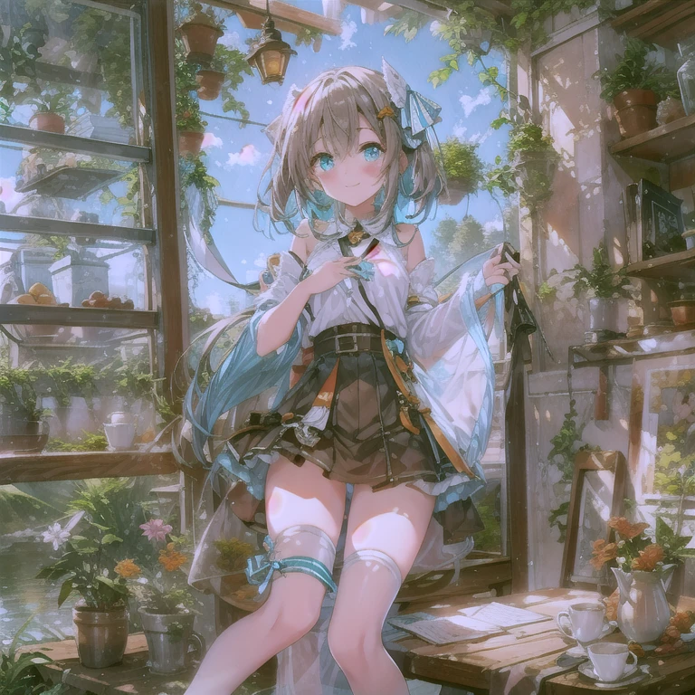 highest quality、Tabletop、1 Female、sottle:1.6),(Cyan eyes:1.2)、Smile、Brown Single Blade、white 、Black socks、Checked skirt、Blushing、Akame、evening、There are many countryside、Big Sunset、Orange View、Small Necklace、