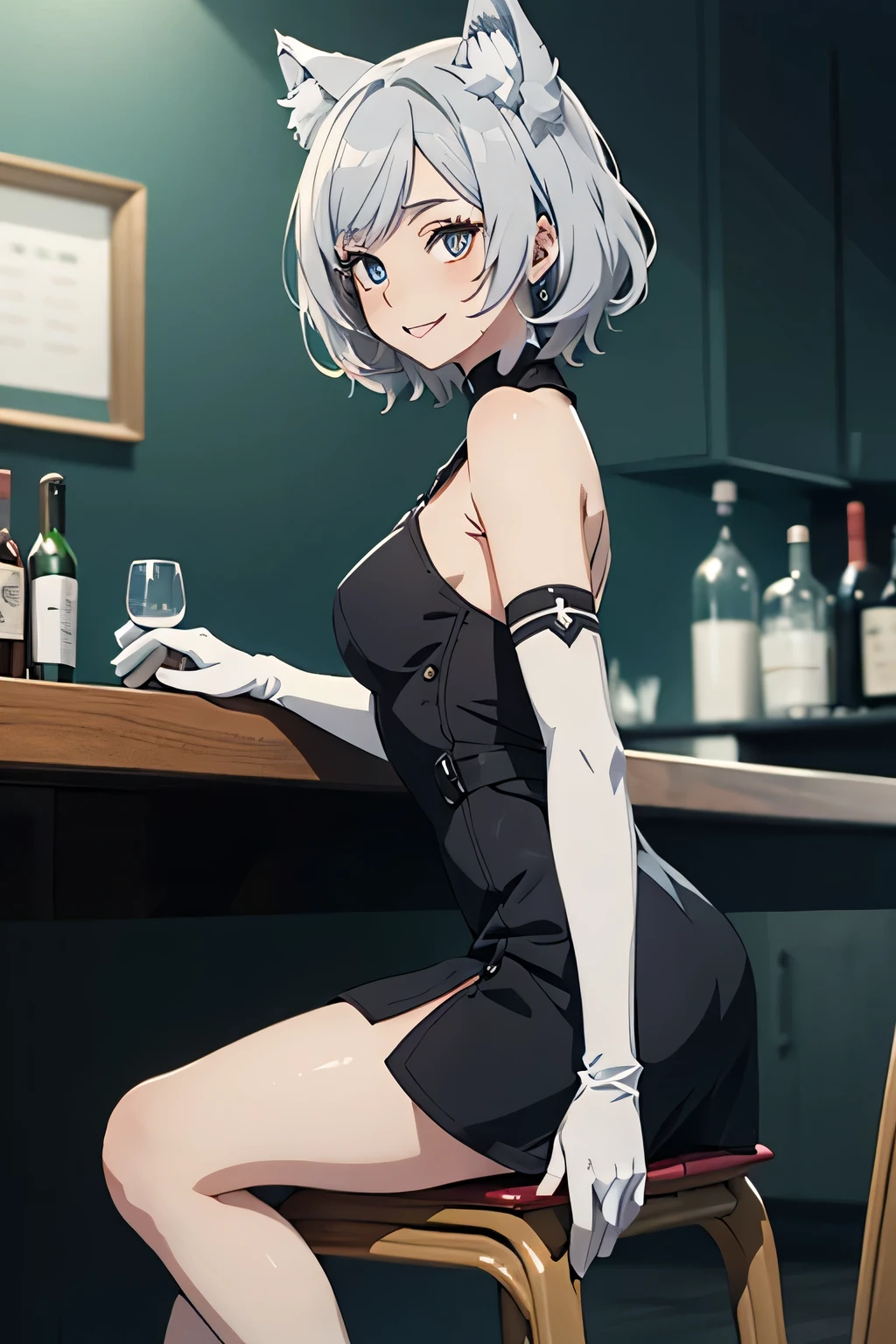 Tabletop　 Best image quality　wonderful　Attention to detail　One Young Woman（（Adult））Anime Style　Black Dress（Sleeveless）mini skirt　Pure white gloves（Elbow Gloves）Bare legs　Black pumps　Wolf Ears　short hair（（Shortcuts）（Gray Hair）（Curly Hair）（fluffy））　smile（Red cheeks）　Eye color is blue　background（bar counter）　Sit on a chair　Side view