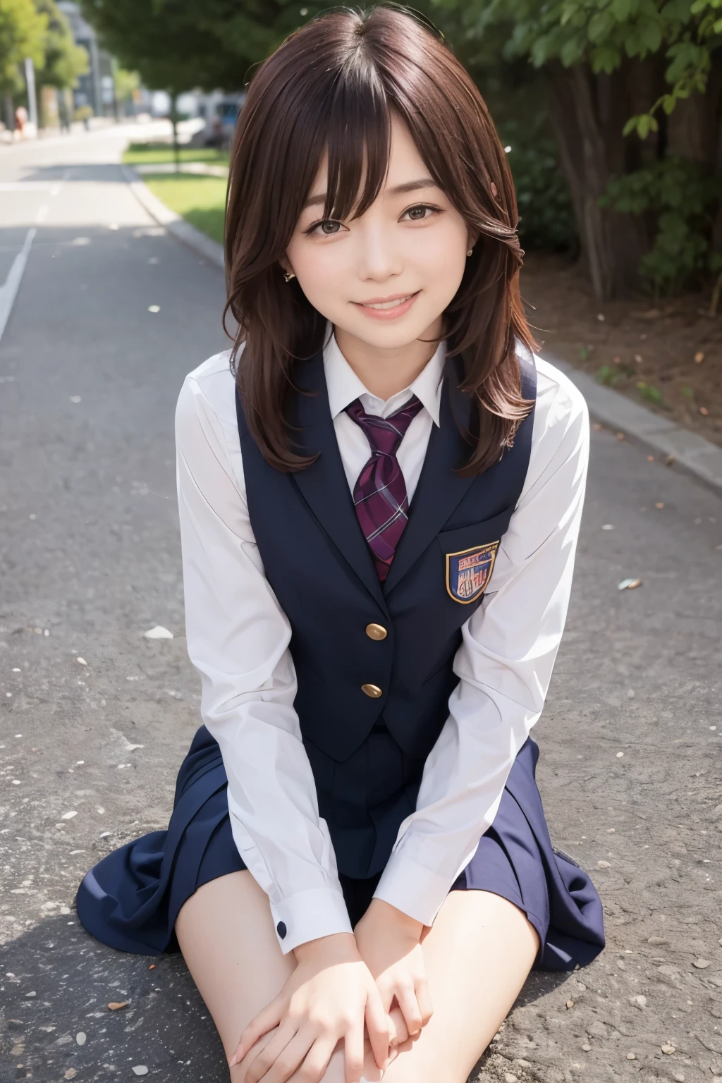 1girl,((school uniform)),light smile, sitting,outdoors,