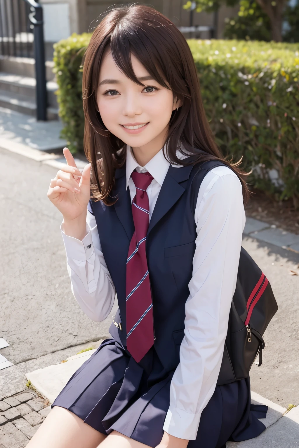 1girl,((school uniform)),light smile, sitting,outdoors,