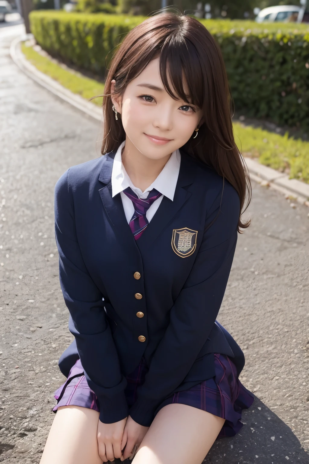 1girl,((school uniform)),light smile, sitting,outdoors,