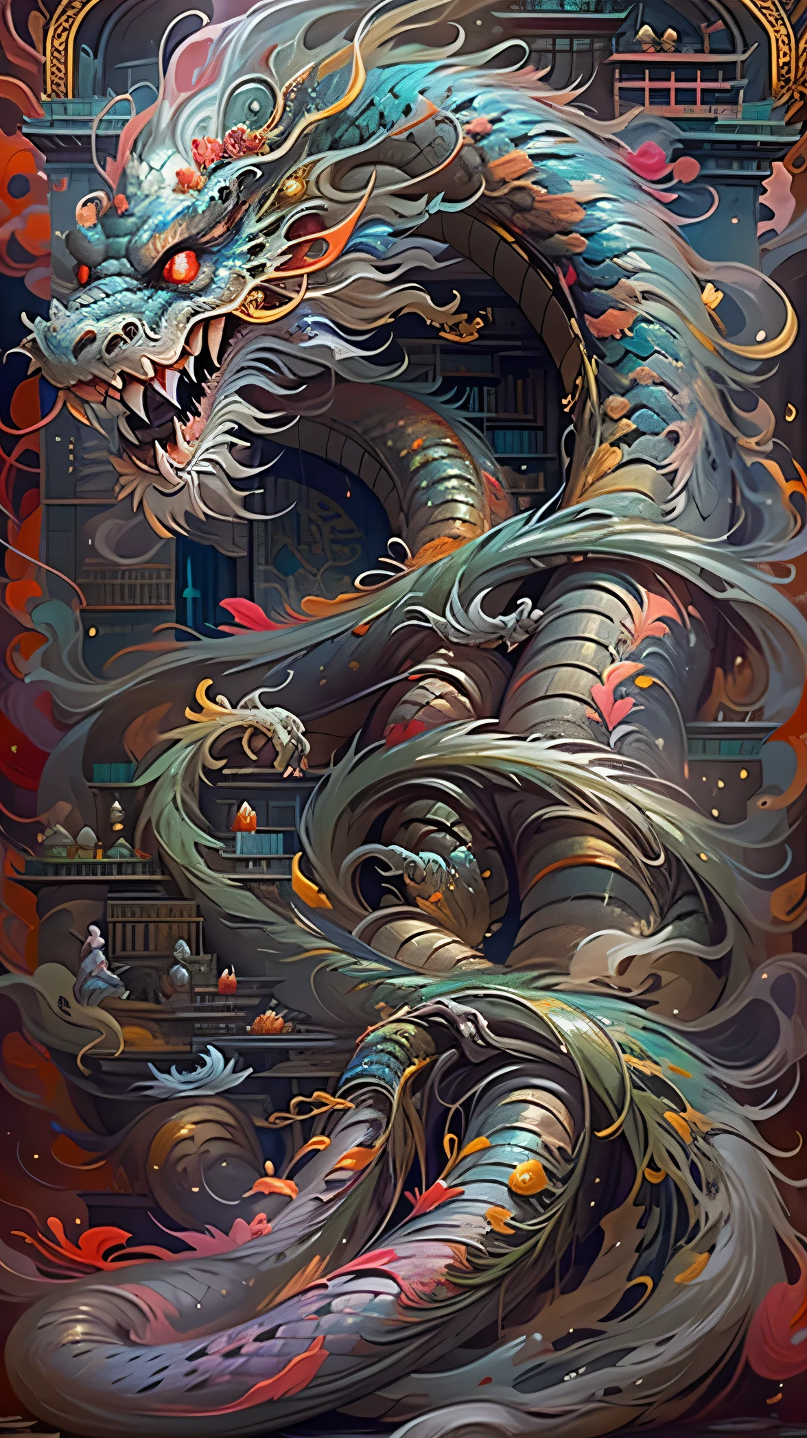 The best quality at its best,masterpiece,超High resolution,Chinese Dragon,(long:1.2),(finely:1.2),long髪,pointed teeth,Red eyes,teeth,Expansiveness,bird,Exterior,Stand on your own two feet,Coiled with hop,hop,cloud,Banya,From the back,armor,Sky Sky,Open your mouth,Face Off,Accumulate power,ghost,Gray Hair,building,got it,(True-to-life textures:1.2),(Glowing Multicolored Scales:1.2),(Realistic details:1.2),High resolution,Ultra-detailed 3D modeling,Like Tim Burton、Dale Chihuly、Xiaolongcheng、Cyril Rolland and other writers,small. Giger-style paintings are similarly magical.。Shadow and light intertwine,Produces great results,If the main body is gold。