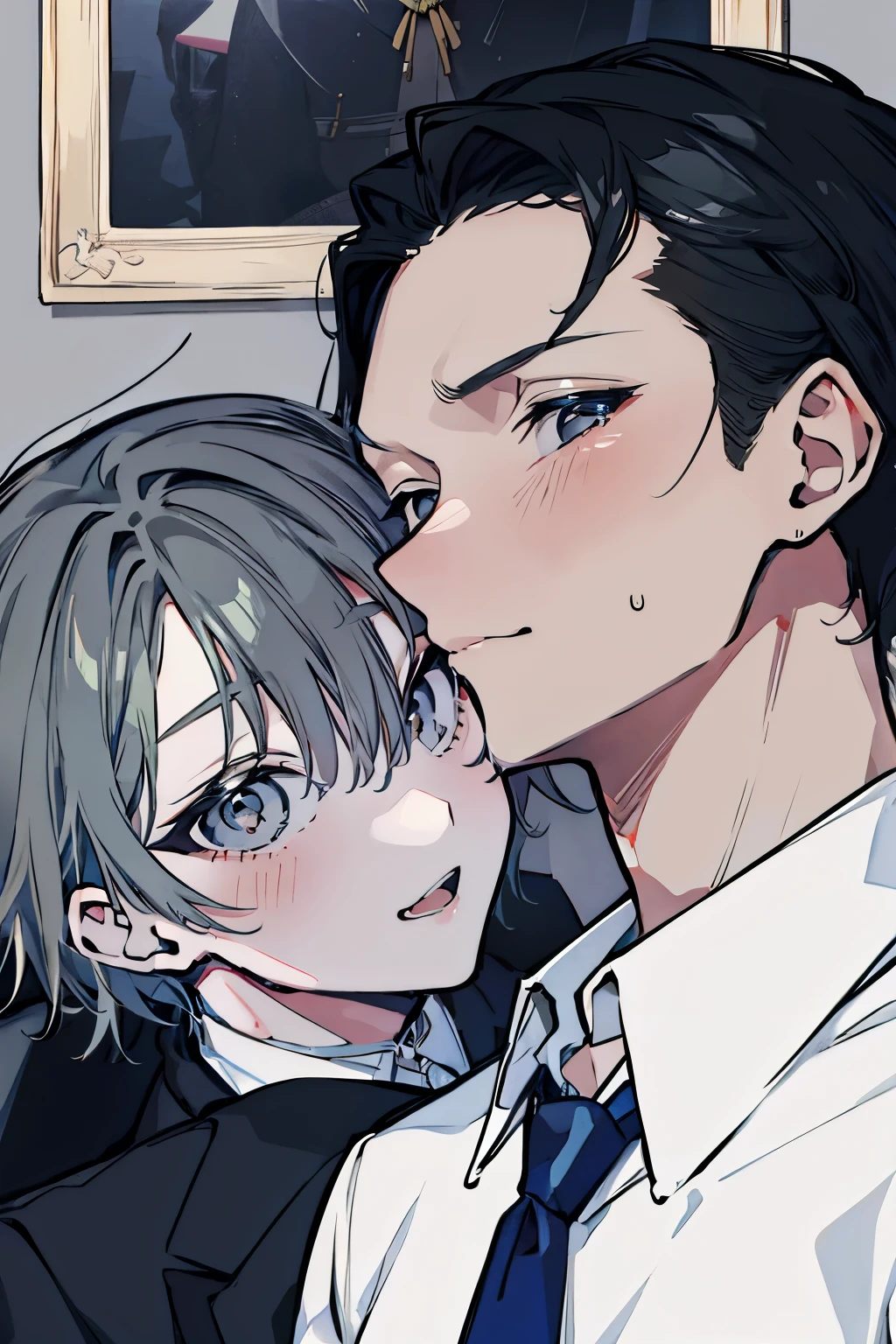 (Mastepiece), (Best Quality), Very detailed, ((Two friendly men)), Perfect Face, Beautiful Face, Very detailed顔,(Black-haired man:1.3),(Grey-haired man:1.3),suit,shirt