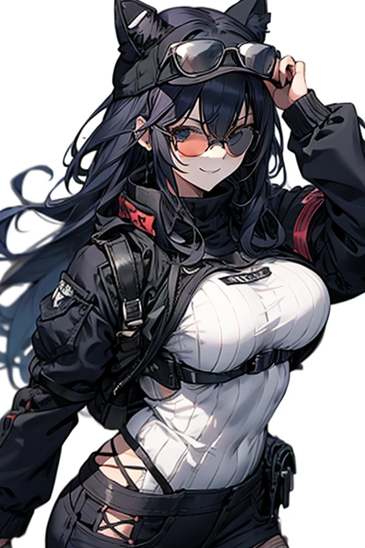 anime girl risque outfit yet cover skin, posing for photoshoot, masterpiece, best quality, high quality, wearing sunglasses near nose, one eye open, smiling