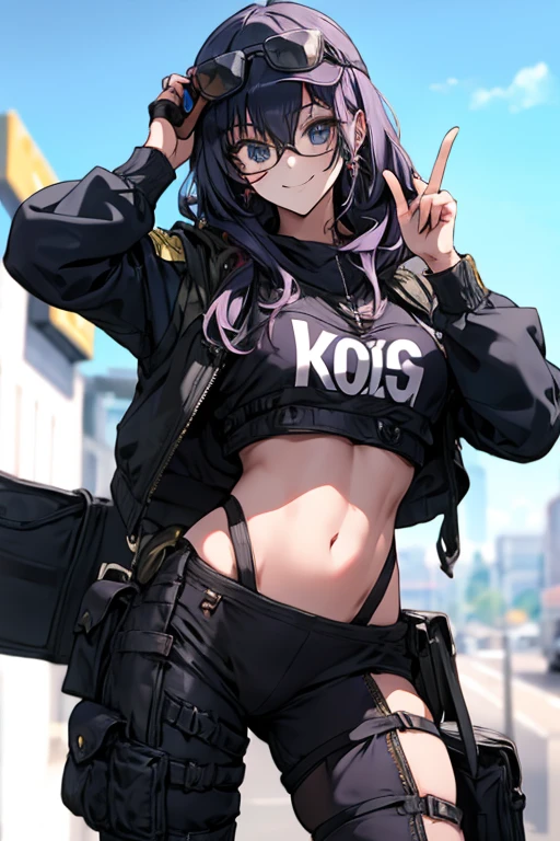 anime girl risque outfit yet cover skin, posing for photoshoot, masterpiece, best quality, high quality, wearing sunglasses near nose, one eye open, smiling
