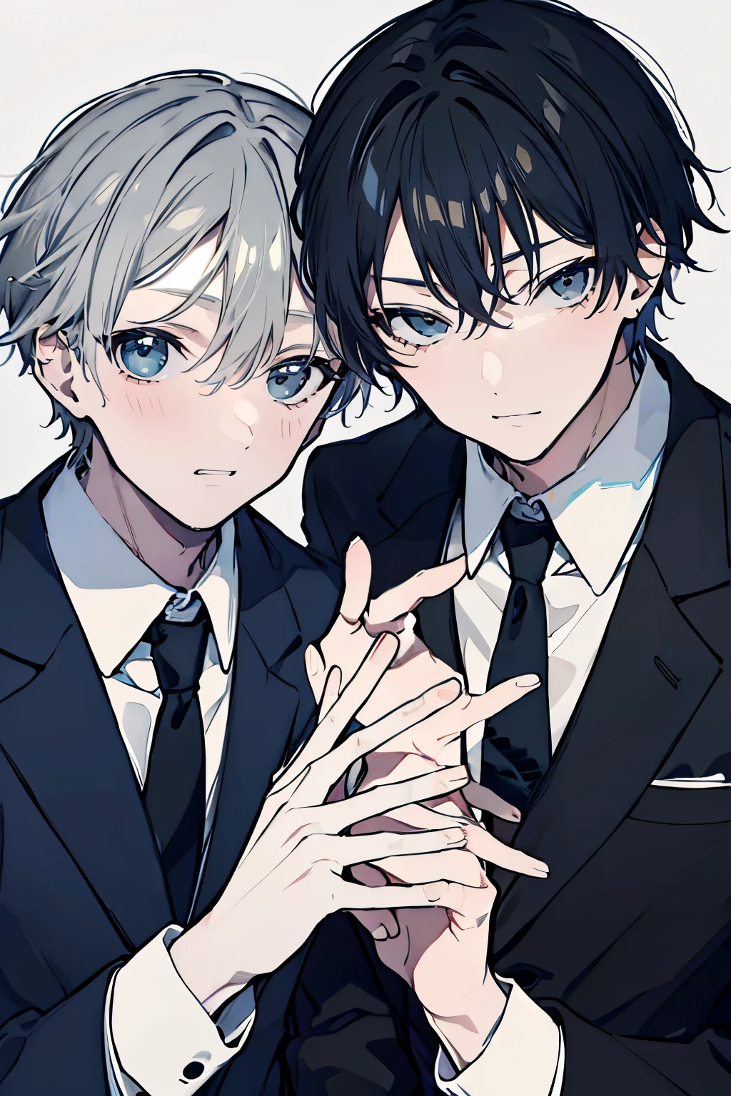(Mastepiece), (Best Quality), Very detailed, ((Two friendly men)), Perfect Face, Beautiful Face, Very detailed顔,(Black-haired man:1.3),(Grey-haired man:1.3),suit,shirt