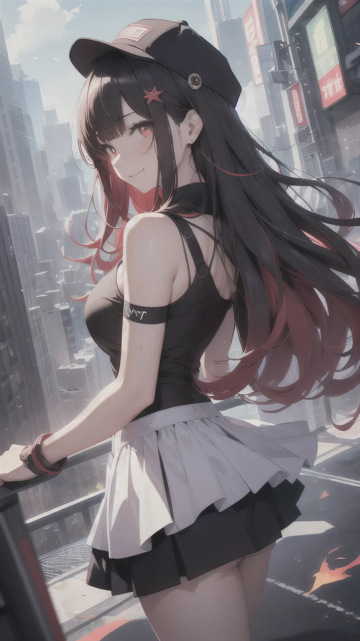 最high quality、Best image quality、masterpiece、girl((20-year-old、 By becoming、Best Bust、Medium Bust,Wide open breast tea、red glowing eyes, Black and red hair、Disheveled Hair、Long Hair、thin,The highest valley、White tank top、Red short skirt、Open chest、White wristband、smile、Leaning forward、hair ornaments、Angle from behind、Lointail、Looking at smartphone、Movement to go up the stage、Sports Cap)),high quality、Beautiful art、background((futuristic city、stage))、Flight、Flying debris、Written boundary depth、movie、Visual Arts、Perfect art、8K,Genuine、