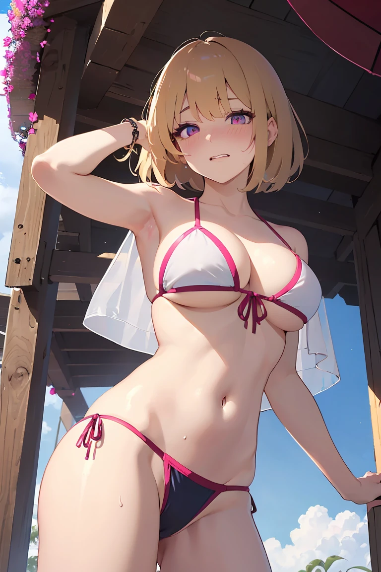 masterpiece, absurdres, best quality, ultra detailed, high Resolution, detailed illustration, bright colour, (extremely beautiful detailed face and eyes, Delicate beautiful face, 1 girl, cute face:1.3), (magenta eyes:1.1), sparkling eyes, big eyes, medium breasts, (perky breasts:1.1), (pointy breasts:1.1), medium hips, glamorous body, white skin, BREAK, long bob cut, (blonde hair:0.8), messy hair, detailed hair, shiny hair, BREAK (undressed, Swimwear:1.5), (vagina, rape:1.3), perfect lighting, (embarrassed:1.5), (ecstasy, vulgarity:1.5), (trembling:0.8), From below, full body,