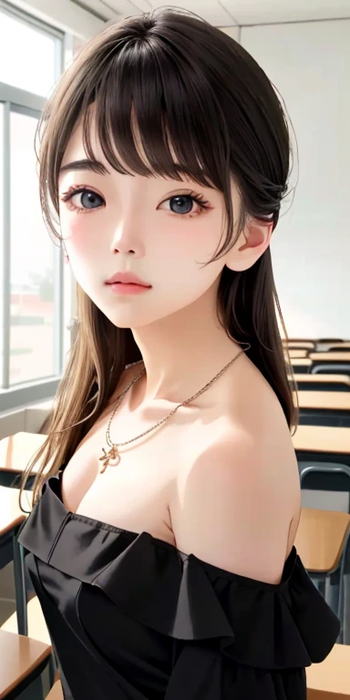 ((Beautiful Face))、Very delicate facial、Creamy、masterpiece、1 girl、14talent、Small breasts、Small breasts、Small breasts、highest quality、Ultra-high resolution、(Realistic:1.4)、whole body、、Soft and shiny、Great scene lighting、(In the classroom)、((Black Off) -Shoulder dress))、Looking at the audience、necklace