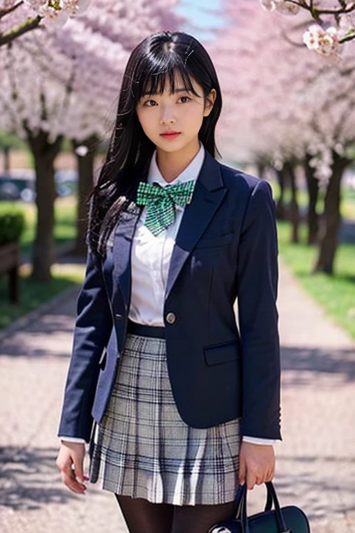 highest quality,cowboy shot,,One student bag,Navy Blue Blazer,A bow tie,Green Check Skirt,Black tights,Long face,Black Hair,Shortcuts,Cherry blossom trees