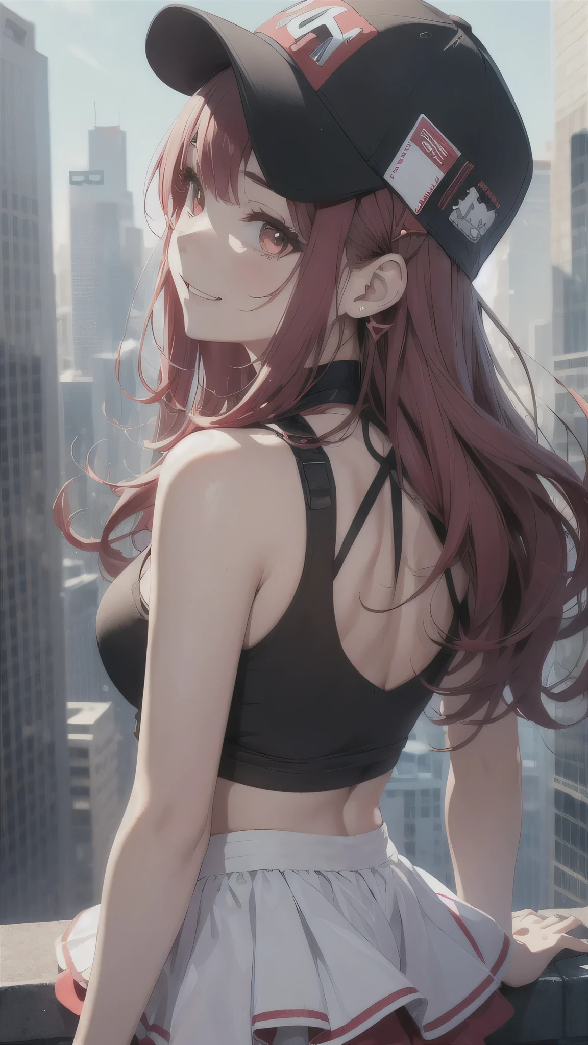 最high quality、Best image quality、masterpiece、girl((20-year-old、 By becoming、Best Bust、Medium Bust,Wide open breast tea、red glowing eyes, Black and red hair、Disheveled Hair、Long Hair、thin,The highest valley、White tank top、Red short skirt、Open chest、White wristband、smile、Leaning forward、hair ornaments、Angle from behind、Lointail、Looking at smartphone、Movement to go up the stage、Sports Cap)),high quality、Beautiful art、background((futuristic city、stage))、Flight、Flying debris、Written boundary depth、movie、Visual Arts、Perfect art、8K,Genuine、