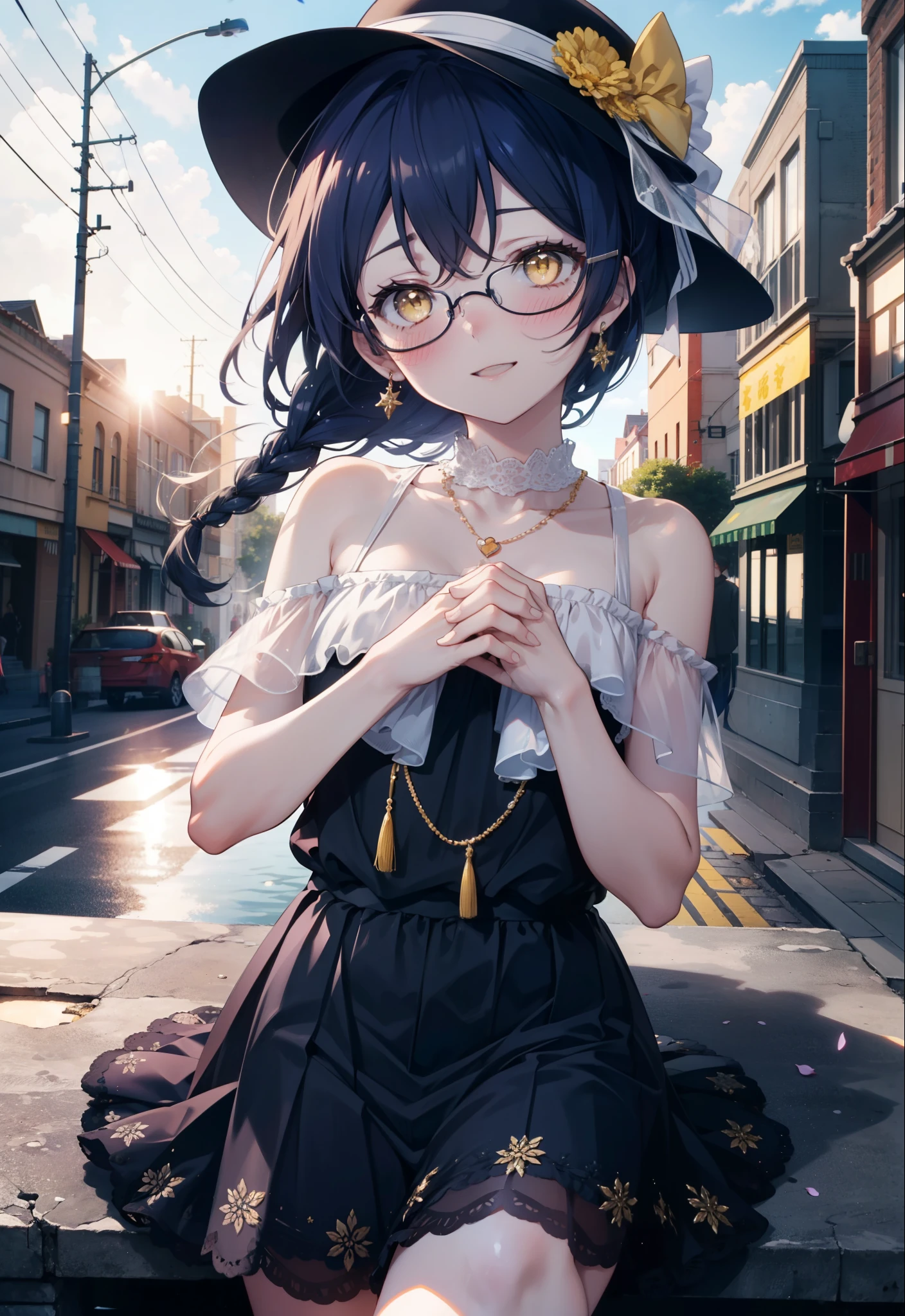 you are so kind, umi sonoda, Long Hair, Blue Hair, (Yellow Eyes:1.5) (Flat Chest:1.2),Black-rimmed glasses,smile,blush,Open your mouth,short braided hair,Headlock,Blue Hat,Blue long skirt one-piece dress,Cute Sandals,Bare shoulders,Bare arms,bare clavicle,Bare neck,Heart Necklace,Clear skies,Daytime,Light of the sun,City Street,whole bodyがイラストに入るように,
break looking at viewer,whole body, (Cowboy Shot:1. 5)
break outdoors, In town,Building district,
break (masterpiece:1.2), highest quality, High resolution, unity 8k wallpaper, (figure:0.8), (Beautiful fine details:1.6), Highly detailed face, Perfect lighting, Highly detailed CG, (Perfect hands, Perfect Anatomy),