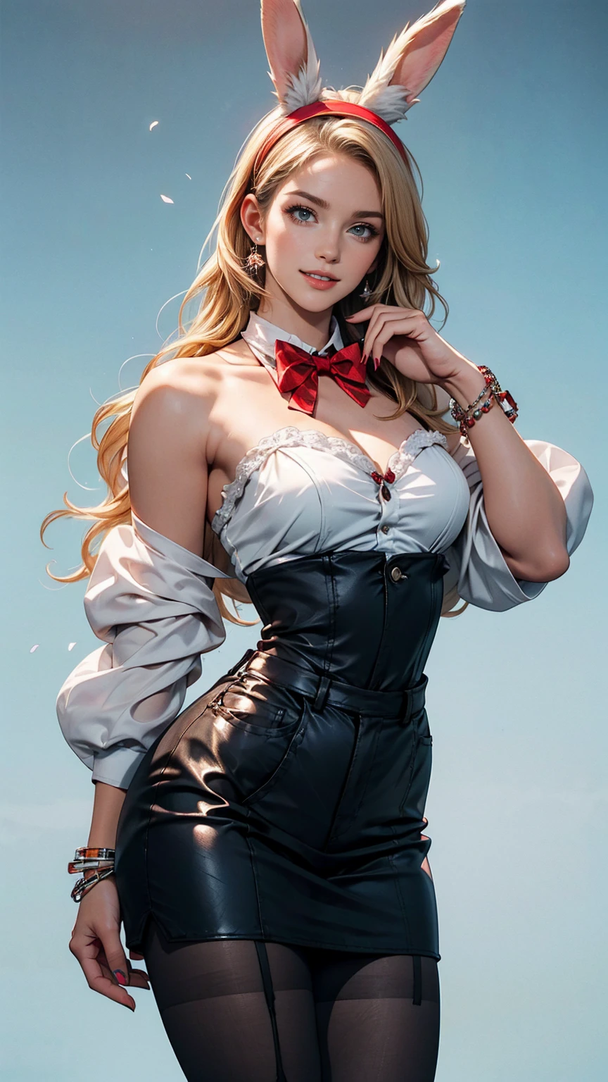 ((最high quality, 8K, masterpiece: 1.3, Ultra HD, high quality, 最high quality, High resolution, realism)) 、25-year-old Caucasian female、Platinum Blonde、blue eyes、long hair、smile、slender、A voluptuous, feminine body、I want my head to stay off screen、手首にアクセサリーapply、Wearing red nail polish、I have a peticure、anklet((anklet))apply、Wear an off-the-shoulder bodysuit like a bustier、お尻に丸い尻尾の飾りをapply、Hairband in the shape of rabbit ears、Collar with bow tie、cuffs、Fishnet tights、High heels、Pastel blue background