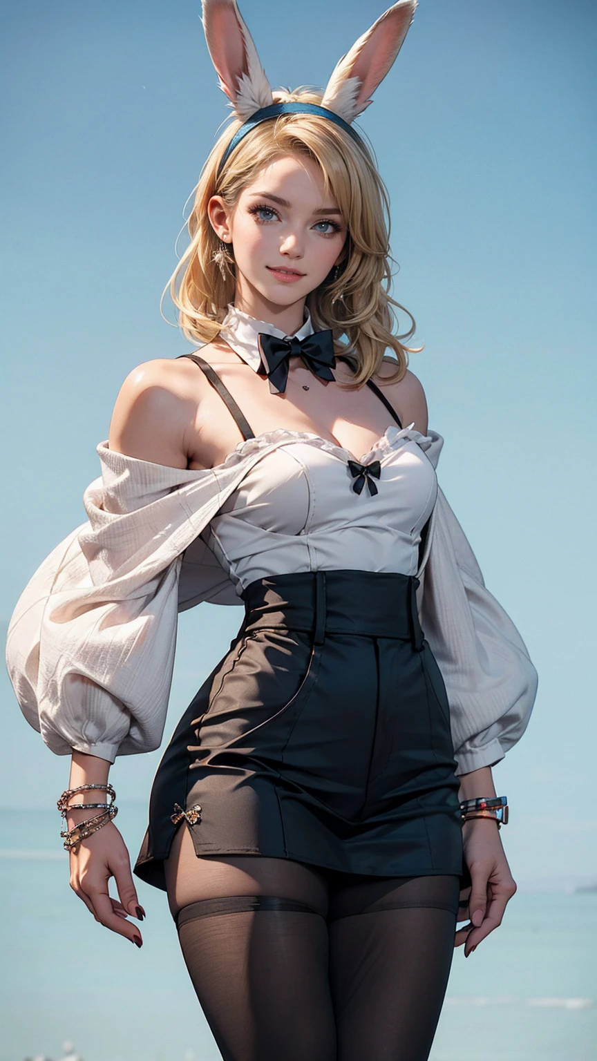 ((最high quality, 8K, masterpiece: 1.3, Ultra HD, high quality, 最high quality, High resolution, realism)) 、25-year-old Caucasian female、Platinum Blonde、blue eyes、long hair、smile、slender、A voluptuous, feminine body、I want my head to stay off screen、手首にアクセサリーapply、Wearing red nail polish、I have a peticure、anklet((anklet))apply、Wear an off-the-shoulder bodysuit like a bustier、お尻に丸い尻尾の飾りをapply、Hairband in the shape of rabbit ears、Collar with bow tie、cuffs、Fishnet tights、High heels、Pastel blue background