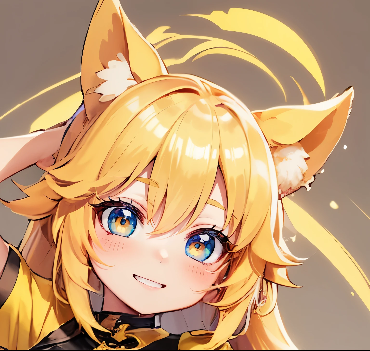 girl, beautiful face, cartoon style, chibi style, cute, smile, yellow color eye, beautiful eye, high detailed pupil, double eyeylid, high detailed skin, high quality skin, yellow color hair, white clothes, masterpiece,