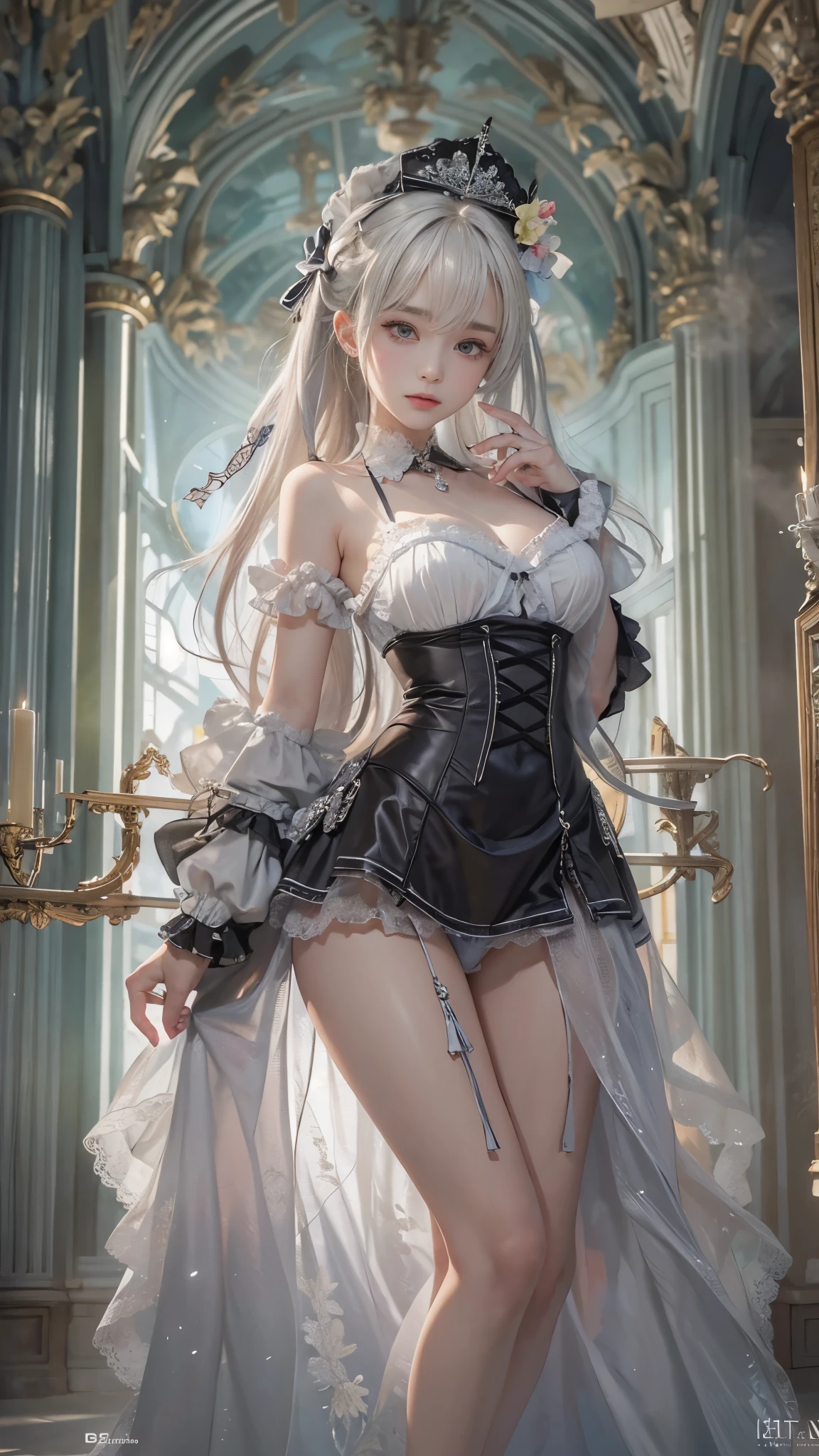 （8k， RAW photos， Best quality， masterpiece：1.2），(facing the audience:1.5),（Realistically， Shoot real：1.4)
，Center，Lolita clothing，Lace， Iris Gainsborough， Upper part of the body， underwear，Expose bare shoulders， external， ancient castle， high quality， High Detail Skin， Looking at the audience，