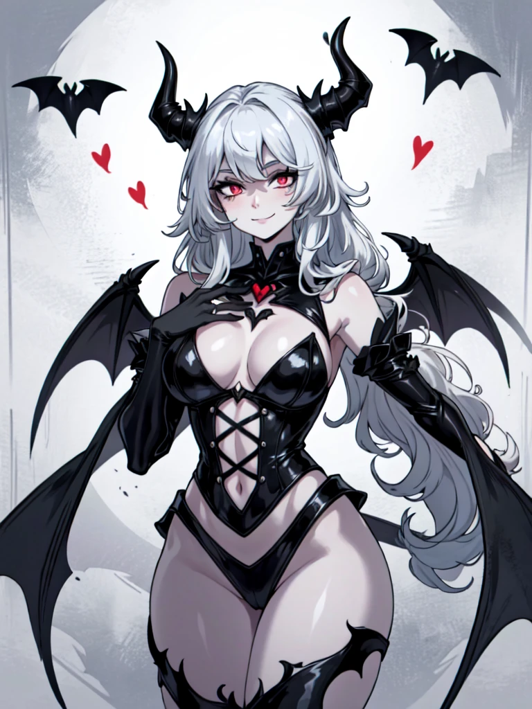 A sexy but cute and drop dead beautiful succubus with a body that could entice any man or woman, her dark brown skin and glowing eyes are her most striking features, her outfit is devilish but leaves just enough to the imagination, she has a beautiful pair of bat-like wings and a long thin tail that ends in a heart, her horns are a pale white contrasting with her black color scheme, she has a bewitching smile but still seems kind and gentle
