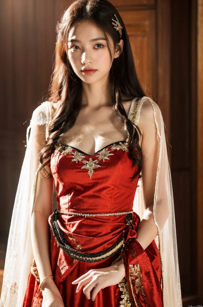 ( masterpiece, top quality, best quality,8k,17 years old girl,ultra detailed,raw photo:1.5),(photorealistic:1.4),(cinematic lighting), PerfectNwsjMajic, , Surrealism, UHD, ccurate, Super detail, textured skin, High detail, Best quality, dynamic angle, (high nose,White skin),[Beautiful blue eyes],[flat chest:large breasts:0.5],(1girl),(good anatomy:0.5)), of a woman in a dress with a sword, a beautiful fantasy empress, ((a beautiful fantasy empress)), beautiful fantasy maiden