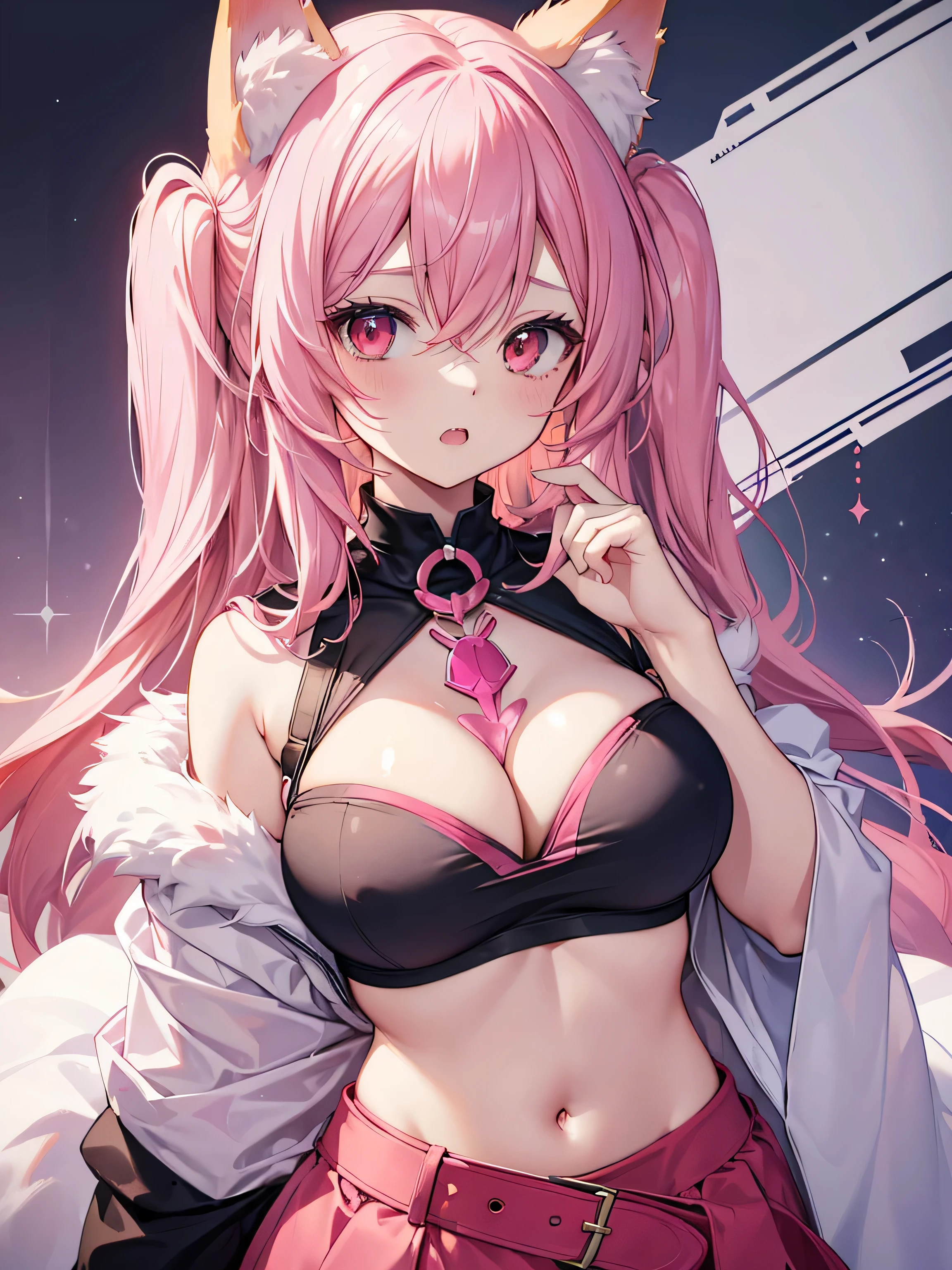 Fox Girl, Large Breasts, Voluminous pink hair, masterpiece , Red eyes, hd, Head to Chest, buried in my chest、Underboob、Double teeth、tooth、Crop top、Pink fox ears