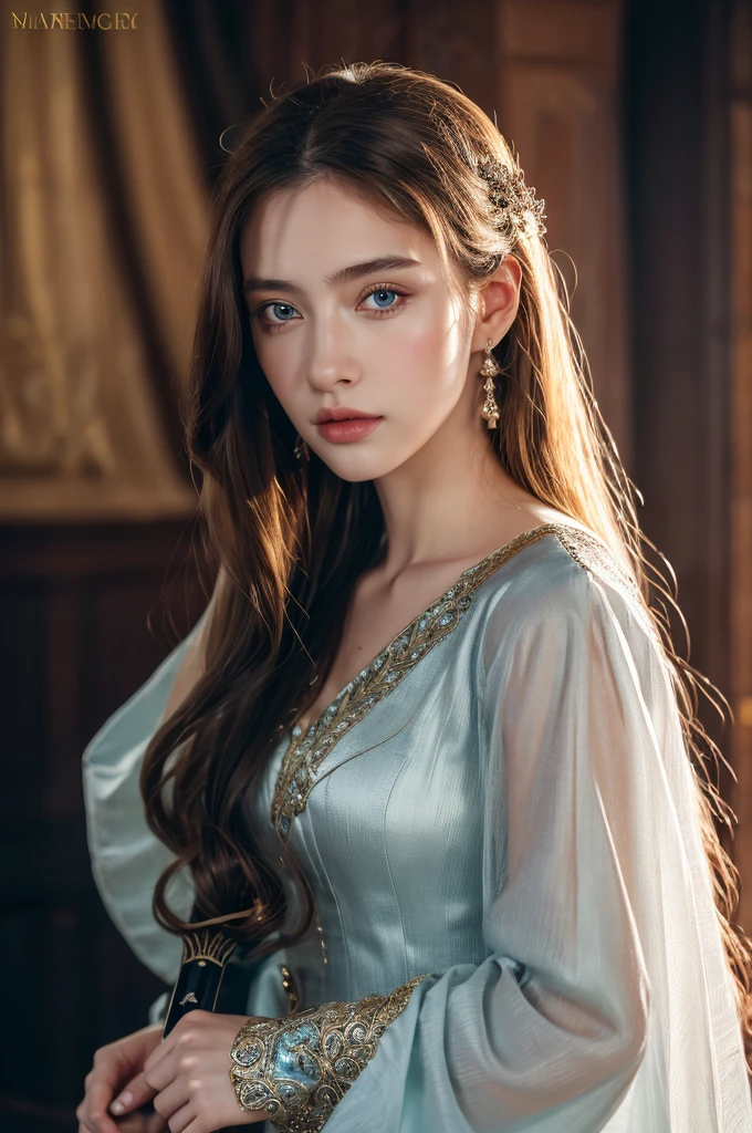 ( masterpiece, top quality, best quality,8k, girl,ultra detailed,raw photo:1.5),(photorealistic:1.4),(cinematic lighting), PerfectNwsjMajic, , Surrealism, UHD, ccurate, Super detail, textured skin, High detail, Best quality, dynamic angle, (high nose,White skin),[Beautiful blue eyes],[flat chest:large breasts:0.5],(1girl),(good anatomy:0.5)),a woman in a dress with a sword, a beautiful fantasy empress, ((a beautiful fantasy empress)), beautiful fantasy maiden