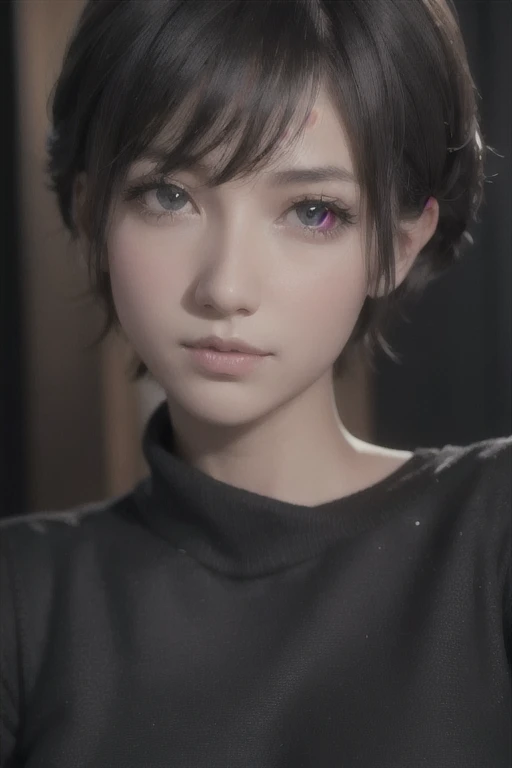 An arafe woman wearing a black shirt and black top, Short hair, Soft Portrait Shot 8k, kawaii Realistic portrait, High-quality portraits, Portrait Cute-beautiful-face, 8k art germany bokeh, Cute natural anime face, Stunning Anime Face Portraits, 🤤 Portrait of a Girl, photoRealistic anime, Girl cute beautiful face, Realistic. Chen Yi