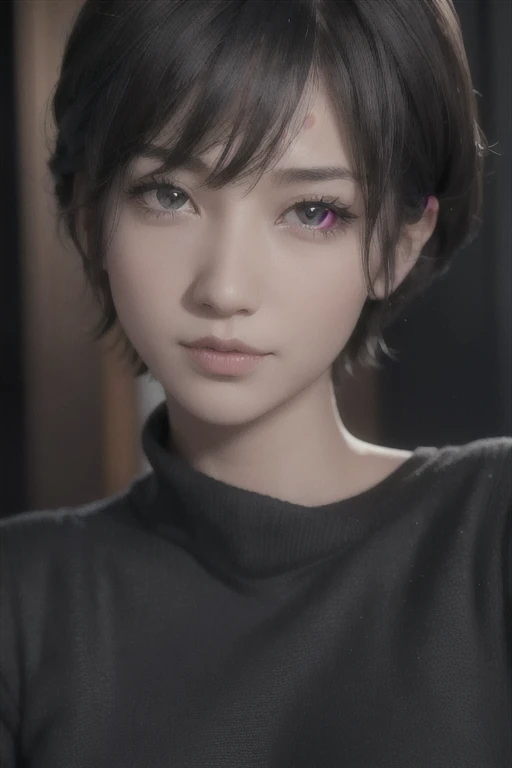 An arafe woman wearing a black shirt and black top, Short hair, Soft Portrait Shot 8k, kawaii Realistic portrait, High-quality portraits, Portrait Cute-beautiful-face, 8k art germany bokeh, Cute natural anime face, Stunning Anime Face Portraits, 🤤 Portrait of a Girl, photoRealistic anime, Girl cute beautiful face, Realistic. Chen Yi