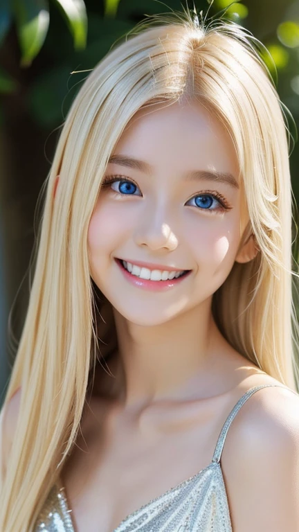 Shining, clear, white skin、Her windblown blonde hair hides her beautiful face、huge、20 years old cute sexy little beautiful face、Beautiful straight hair that stands out、growing up, Sparkling light blue eyes、long silky bangs that cover cute eyes, Sexy and cute young woman with super long hair hiding her sexy face、Super long, natural platinum blonde shiny hair　Beautiful and subtle white teeth　smile　An angelic smile　Beautiful bangs that cover the forehead and reach the eyebrows　Beautiful décolletage　Beautiful chest