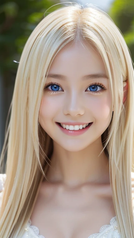 Shining, clear, white skin、Her windblown blonde hair hides her beautiful face、huge、20 years old cute sexy little beautiful face、Beautiful straight hair that stands out、growing up, Sparkling light blue eyes、long silky bangs that cover cute eyes, Sexy and cute young woman with super long hair hiding her sexy face、Super long, natural platinum blonde shiny hair Beautiful and subtle white teeth smile An angelic smile Beautiful bangs that cover the forehead and reach the eyebrows Beautiful décolletage Beautiful chest