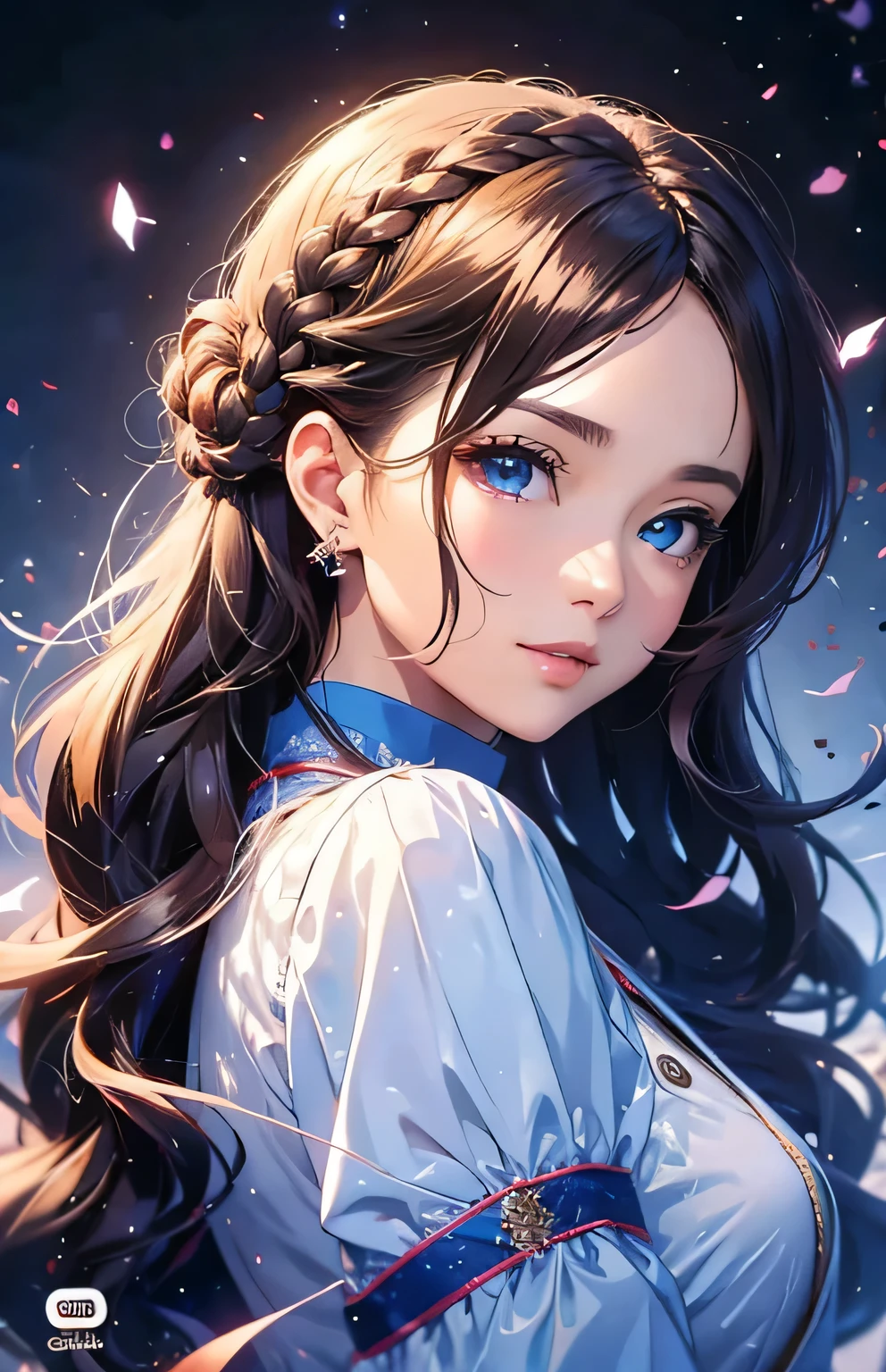 masterpiece、highest quality、High resolution、High-quality images、8k, 1 female、Skin Radiance、Texture of skin and clothing、Expression of fine eyes、shiny light brown hair,Girl with long braided hair, Manga inspired by Lee Jong-suk, Trending on deviantart, realism, detailed manga style, Manga art style, Perfect Line Drawing, Beautiful line art, digital manga art girl, K-POPアイドル, Center of chest,Beautiful light blue eyes, Lips become thicker, Gorgeous face with attention to detail, (Cute Smile), charm, Innocent, Side view, (Perfectly detailed face), (Beautiful Hands) photorealistic images, Written boundary depth, Princess Hairstyles,princess wedding dress , Great Association,Beautiful Association,Lots of flowers , Romanticism,