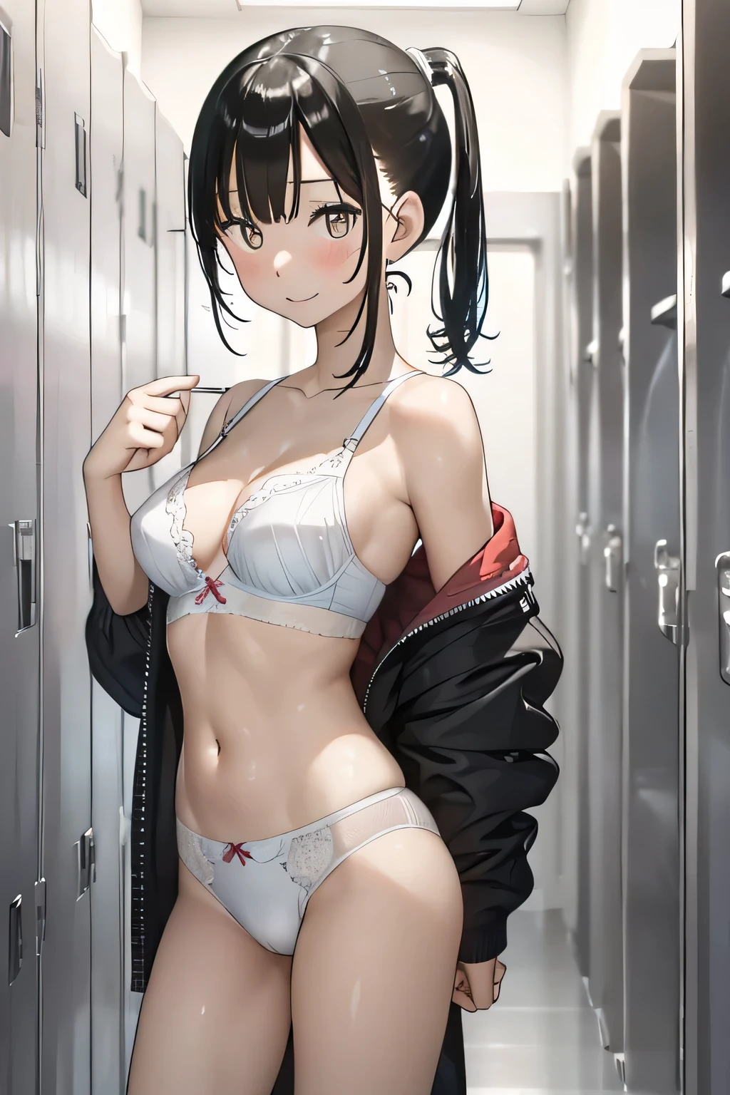 In 8K, highest quality, The real picture, Intricate details, Ultra-detailed, Super A High Resolution, Depth Field,(Photorealistic,Realistic:1.2),masterpiece, 0.25 :: , 、Girl、、、Black Hair、ponytail、In underwear、White panties、White bra、Brown eyes、side、Standing posture、smile、locker room、from front,cameltoe,shoulder、belly button、side、