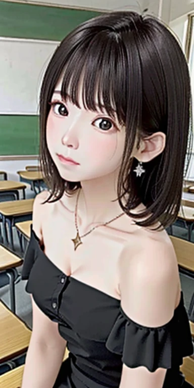 ((Beautiful Face))、Very delicate facial、Creamy、masterpiece、1 girl、14talent、Small breasts、Small breasts、Small breasts、highest quality、Ultra-high resolution、(Realistic:1.4)、whole body、、Soft and shiny、Great scene lighting、(In the classroom)、((Black Off) -Shoulder dress))、Looking at the audience、necklace,Open chest