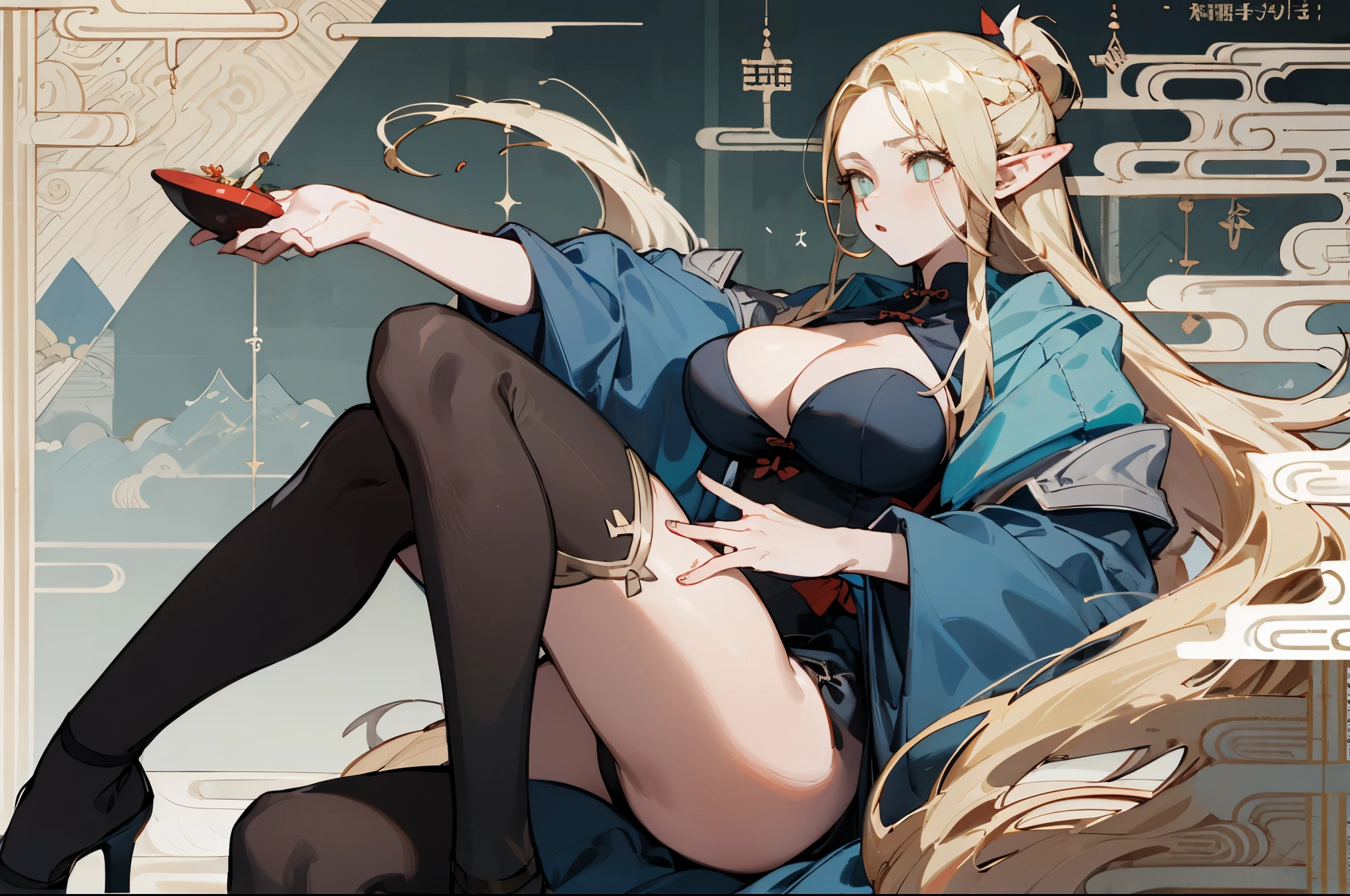 (masterpiece, best quality) detailed, Wearing black tights, silver accessories , Blonde ,elegant, Pointed ears ,Chinese element pattern,thigh,漏出thigh,Large Breasts