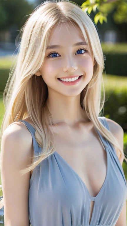 Shining, clear, white skin、Her windblown blonde hair hides her beautiful face、huge、20 years old cute sexy little beautiful face、Beautiful straight hair that stands out、growing up, Sparkling light blue eyes、long silky bangs that cover cute eyes, Sexy and cute young woman with super long hair hiding her sexy face、Super long, natural platinum blonde shiny hair　Beautiful and subtle white teeth　smile　An angelic smile　Beautiful bangs that cover the forehead and reach the eyebrows　Beautiful décolletage　Beautiful chest　whole body　Lower Body　Overall image　Swimwear　sitting down　過激なSwimwear