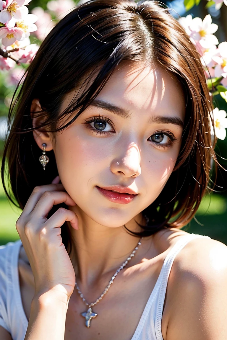 Save this image、Pale face and eyes:1.3、薄くてPale face and eyes:1.3, blue eyes:1.3、{highest quality}, {{masterpiece}}, {Very delicate and beautiful}, Outstanding light and shadow, Highly detailed wallpaper, Sunny and bright sunlight, whole body, whole body、 1 girl, , blush:1.2、Short Bob Hair:1.5, Pose that shows from the waist to the shoulders, Viewed from the front, The composition is symmetrical, // Style 1 girl, (blue eyes:1.5), Thick mascara, Big eyes, Droopy eyes, dark eyeliner, Dark Red Rouge, Red lips, Chic body, Narrow waist, Strong sunlight, (White T-shirt)、Cat illustration in the middle:1.5, Delicate Hair,Realistic skin texture, B cup breasts、visible wrinkles on the skin., Broad shoulders:1.2, ((a strong light shines on your face:1.5)), color々Strike a Pose:1.5, necklace、ring、earrings、歯を見せたsmile:1,5、smile:1.5、Background of a park with cherry blossoms in full bloom:1.5, Ray Tracing、Cowboy Shot:1.5