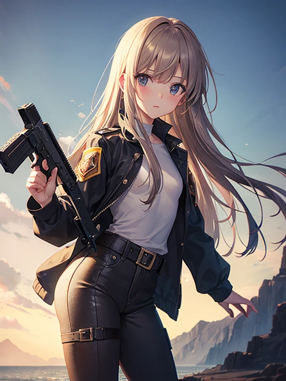 woman　slender　Slender　Small waist　Medium chest　uniform　uniform　Half naked　Completely naked　Light clothing　Handgun　２Ding Pistol　Backwards　Landscape　Prone　