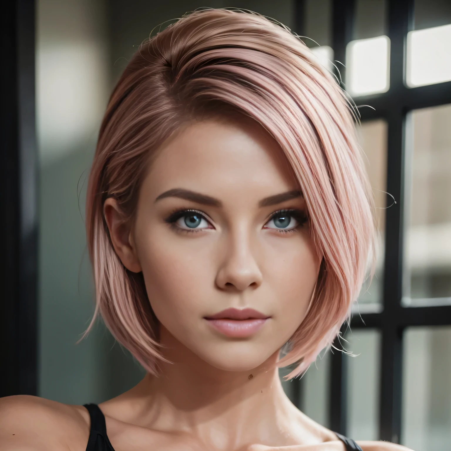 Photo professionnelle du corps entier, (Photo 4k:1.1) par (Jeremy Lipking:0.3), (Dittmann Anna:0.3), (jiner:0.3), (mise au point nette:1.3), High detail, Elegant businesswoman, Spot pink clothes, in the gym, cheveux short pink hair, Pose of the Instagram model, confiant, fille en forme, Fille maigre, seins moyens:1.2, anatomie parfaite, Perfect symmetry:1.2, Realstic, realistic face:1.2, visage parfait, contenu, confiant, highly detailed, et dramatique, lighting cinematic, Lighting scene, soft lights, -neg erratic fluctuation in motion, noisy, bad quality, distorted, poorly drawn, blurry, grainy, low resolution, oversaturated, lack of detail, inconsistent lighting