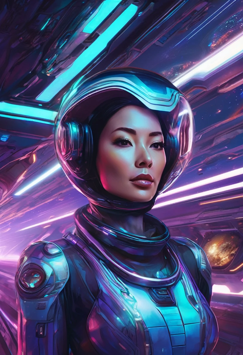 A busty woman, aged 40, from Malaysia, wearing a sexy space micro bikini with a hijab covering her hair, is looking out of a window on her spaceship. The window overlooks a blurred motion of the outside, indicating a high-speed interstellar journey. The woman's confident gaze and the expression on her face suggest a sense of adventure and excitement. The window is surrounded by blinking lights and high-tech gadgets, showcasing the advanced technology and futuristic aesthetic of the spaceship. The lights create a mesmerizing display, illuminating the woman's face and highlighting her intriguing presence. The space suit she wears is sleek and form-fitting, emphasizing her curves and adding to the overall sensuality of the scene. The colors in the artwork are vibrant and dynamic, representing the vastness and beauty of the cosmos. Soft, ethereal blues and purples dominate the color palette, with occasional pops of bright and vivid colors. The lighting inside the spaceship is dim and atmospheric, casting dramatic shadows and enhancing the overall ambiance of the scene. The space ship itself is a marvel of engineering and design, with clean lines and futuristic shapes, seamlessly blending function and aesthetics. Overall, the prompt captures a compelling mix of sensuality and high-tech futurism, creating a visually stunning and captivating scene.