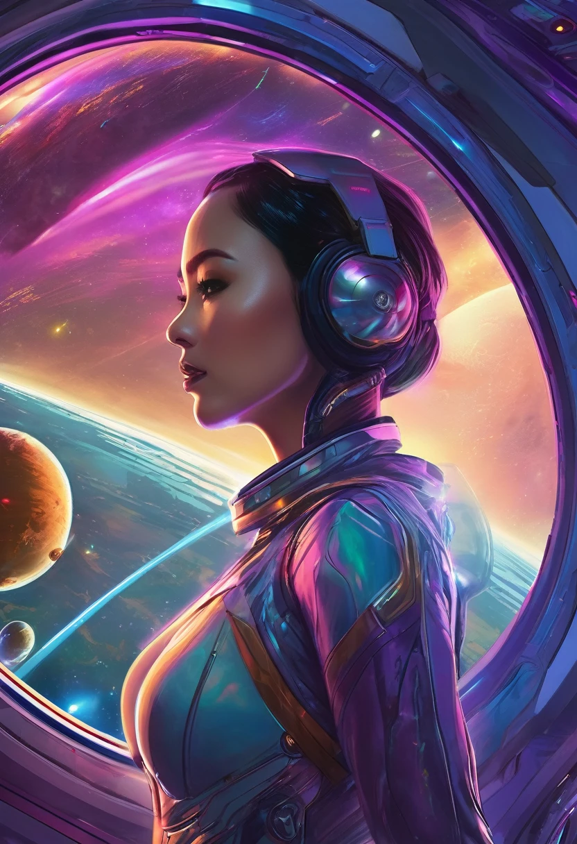 A busty woman, aged 40, from Malaysia, wearing a sexy space micro bikini with a hijab covering her hair, is looking out of a window on her spaceship. The window overlooks a blurred motion of the outside, indicating a high-speed interstellar journey. The woman's confident gaze and the expression on her face suggest a sense of adventure and excitement. The window is surrounded by blinking lights and high-tech gadgets, showcasing the advanced technology and futuristic aesthetic of the spaceship. The lights create a mesmerizing display, illuminating the woman's face and highlighting her intriguing presence. The space suit she wears is sleek and form-fitting, emphasizing her curves and adding to the overall sensuality of the scene. The colors in the artwork are vibrant and dynamic, representing the vastness and beauty of the cosmos. Soft, ethereal blues and purples dominate the color palette, with occasional pops of bright and vivid colors. The lighting inside the spaceship is dim and atmospheric, casting dramatic shadows and enhancing the overall ambiance of the scene. The space ship itself is a marvel of engineering and design, with clean lines and futuristic shapes, seamlessly blending function and aesthetics. Overall, the prompt captures a compelling mix of sensuality and high-tech futurism, creating a visually stunning and captivating scene.