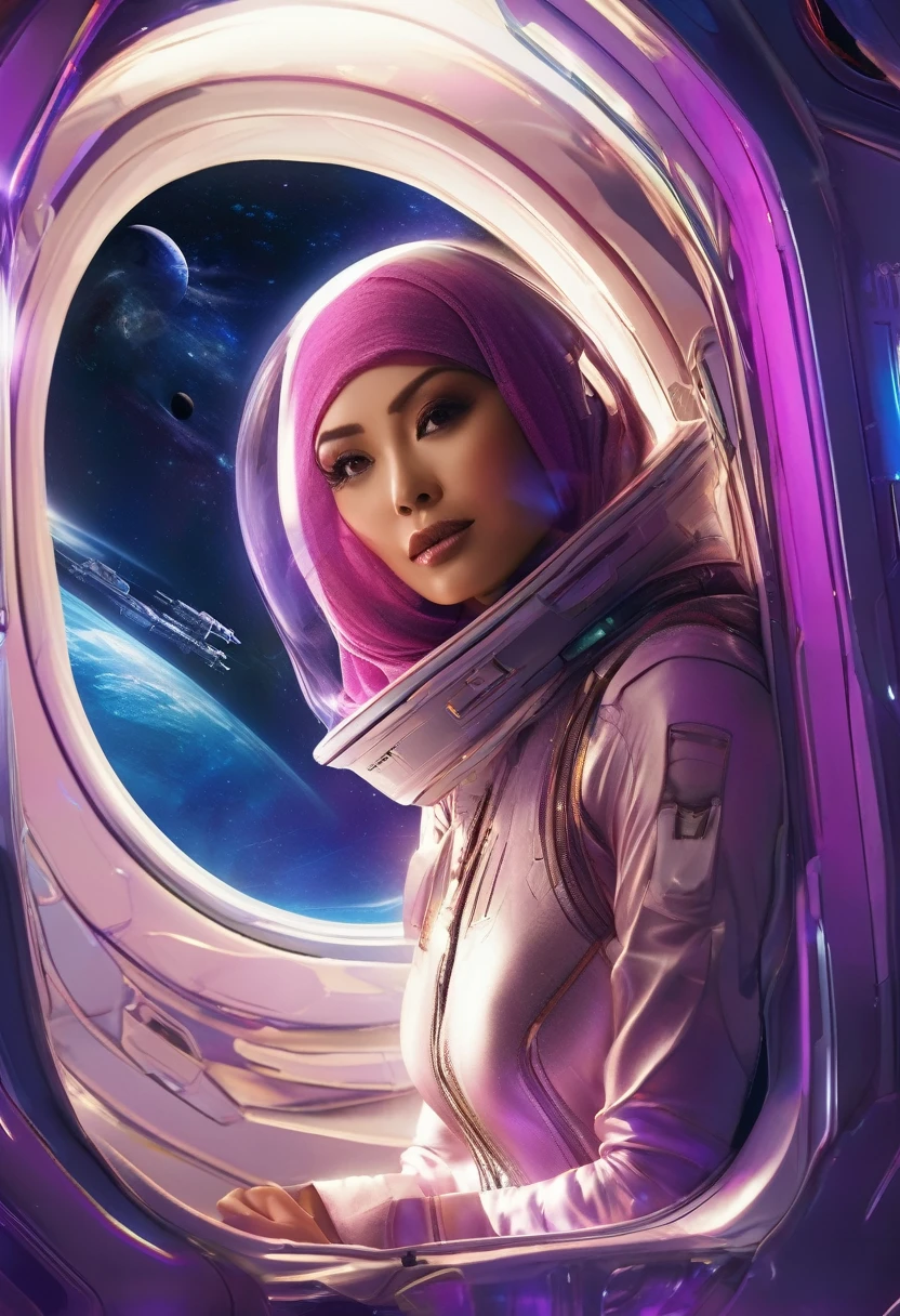 A busty woman, aged 40, from Malaysia, wearing a sexy space micro bikini with a hijab covering her hair, is looking out of a window on her spaceship. The window overlooks a blurred motion of the outside, indicating a high-speed interstellar journey. The woman's confident gaze and the expression on her face suggest a sense of adventure and excitement. The window is surrounded by blinking lights and high-tech gadgets, showcasing the advanced technology and futuristic aesthetic of the spaceship. The lights create a mesmerizing display, illuminating the woman's face and highlighting her intriguing presence. The space suit she wears is sleek and form-fitting, emphasizing her curves and adding to the overall sensuality of the scene. The colors in the artwork are vibrant and dynamic, representing the vastness and beauty of the cosmos. Soft, ethereal blues and purples dominate the color palette, with occasional pops of bright and vivid colors. The lighting inside the spaceship is dim and atmospheric, casting dramatic shadows and enhancing the overall ambiance of the scene. The space ship itself is a marvel of engineering and design, with clean lines and futuristic shapes, seamlessly blending function and aesthetics. Overall, the prompt captures a compelling mix of sensuality and high-tech futurism, creating a visually stunning and captivating scene.