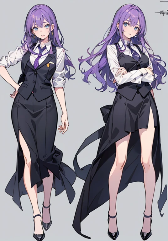 ((Perfect Face)),Purple Hair,voluminous long hair,1 female,bartender,suit,Black vest,Shirt with rolled up sleeves,tie,slit,High heels,,((Simple Background)),smile,((whole body)),((whole body)),Portraiture,virtual,upright,,both arms are down,Standing upright with face and body facing forward,