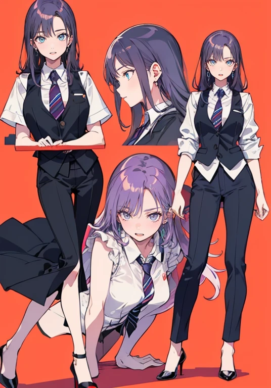 ((Perfect Face)),Purple Hair,voluminous long hair,1 female,bartender,suit,Black vest,Shirt with rolled up sleeves,tie,slit,High heels,,((Simple Background)),smile,((whole body)),((whole body)),Portraiture,virtual,upright,,both arms are down,Standing upright with face and body facing forward,