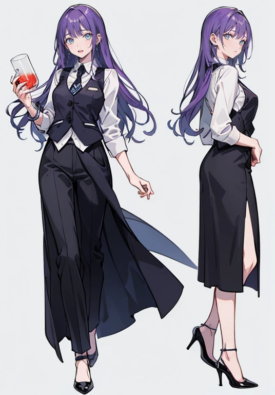 ((Perfect Face)),Purple Hair,voluminous long hair,1 female,bartender,suit,Black vest,Shirt with rolled up sleeves,tie,slit,High heels,,((Simple Background)),smile,((whole body)),((whole body)),Portraiture,virtual,upright,,both arms are down,Standing upright with face and body facing forward,