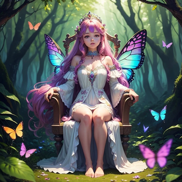 a fairy princess sitting on her throne in a magical forest, her hair shimmering with all the colors of the rainbow, and butterflies and positive energies swirling around her.